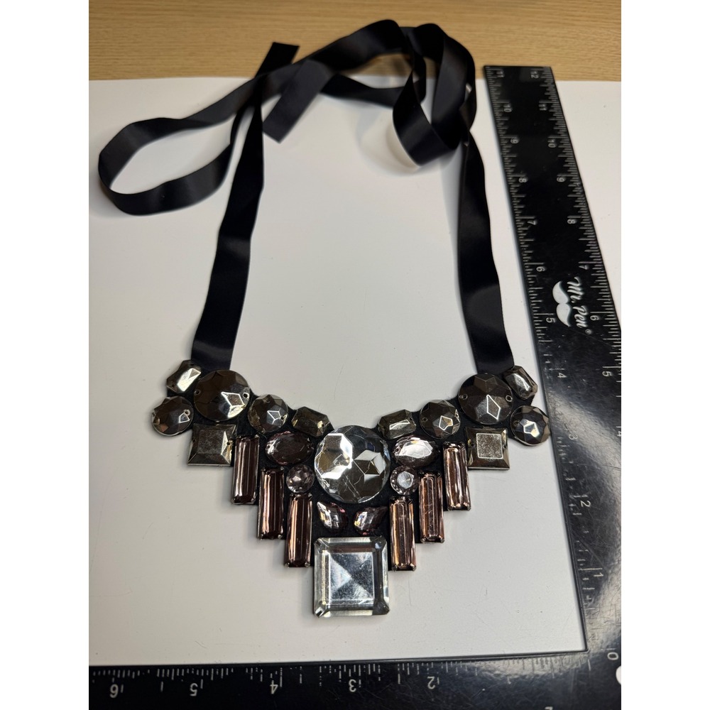 Statement Bib Necklace Black Satin Ribbon Tie Multi Gem Crystal Geometric Stone
